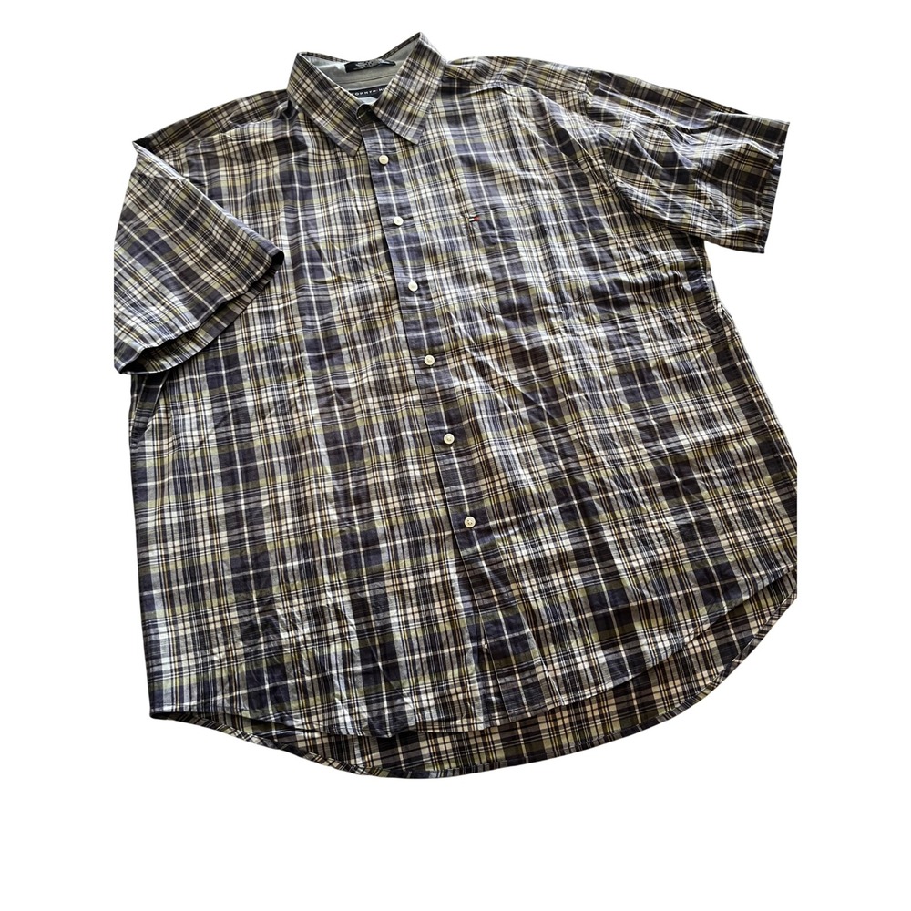 Tommy Hilfiger Plaid Short Sleeve Button Down Shirt Navy Olive XL Cotton